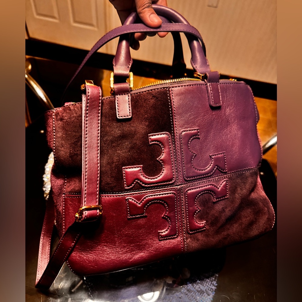 Tory Burch 'Natalie' Satchel Leather & Suede Purple Bag/Purse.